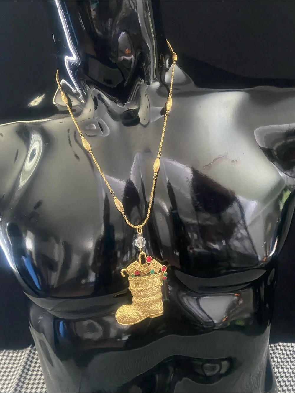 Gold-Tone Festive Boot Pendant Necklace with Red and Green Accents